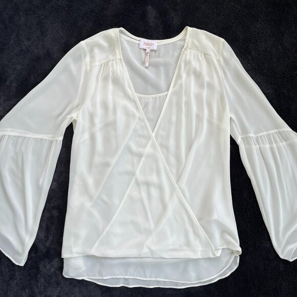 Laundry Sheer White Faux Wrap Overlay Blouse Boho Long Bell Sleeves Size 6 NEW - Picture 1 of 7